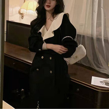 法式连衣裙设计感纯欲风荷叶边小黑裙赫本风洋气双排扣裙子气质潮
