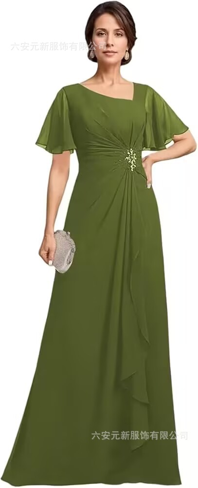 Vestido de novia de gasa de Amazon vestido de madre mariposa de manga corta plisada larga aplicación vestido de invitado de boda