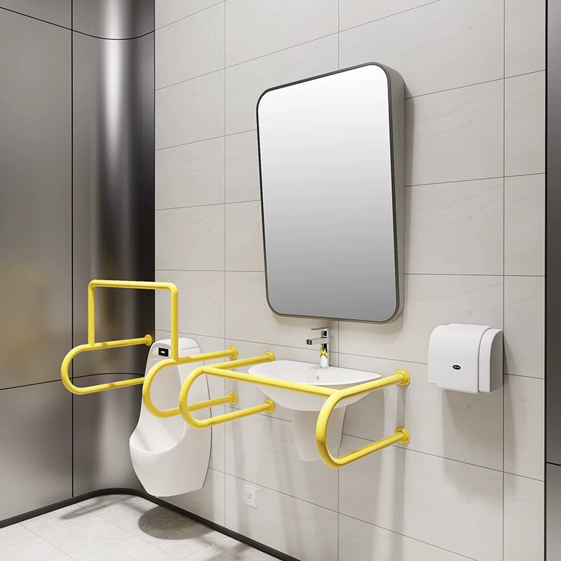 Rounded Brushed Stainless Steel Frame Tilted Angle Bathroom Mirror for Disabled People Barrier-Free Bathroom Mirror