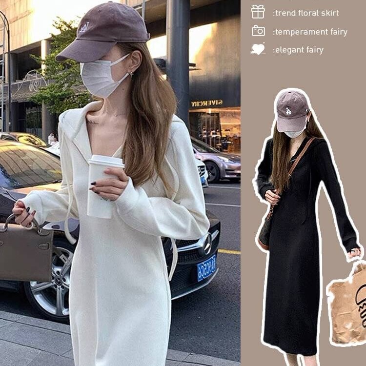 French style elegant hooded sweater dress for women autumn and winter new casual slimming dress versatile bottoming long dress spring and autumn French style elegant hooded sweater dress for women autumn and winter new casual slimming dress versatile bottoming long dress spring and autumn