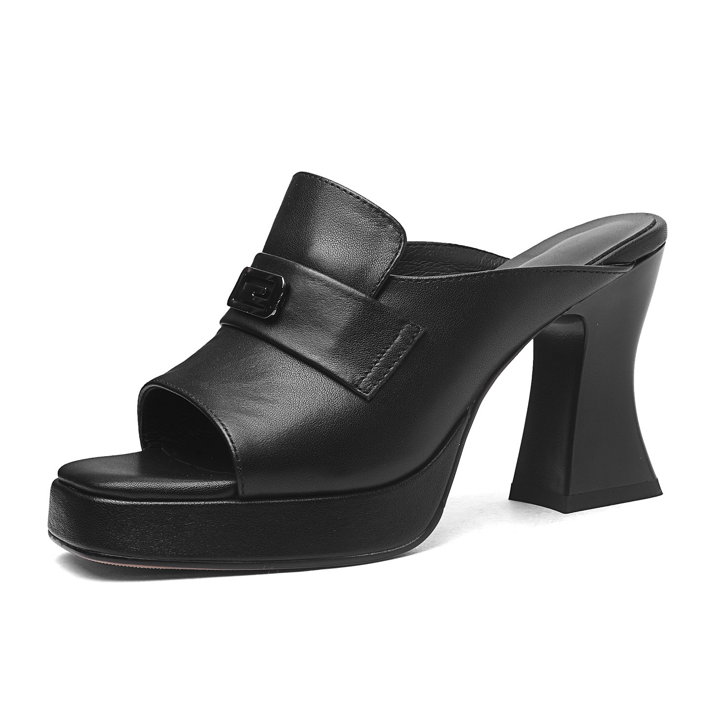 Sandal cao gót nữ hở mũi quai ngang đế dày gót 9 cm — Da bò trắng gạo chi tiết 10