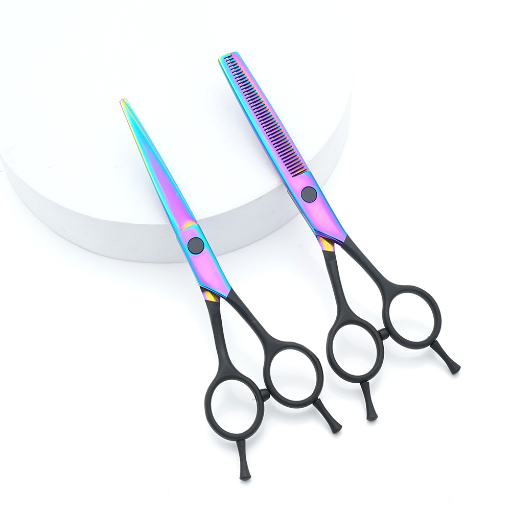Tijeras de peluquería al por mayor de fábrica, tijeras de peluquería de color de acero inoxidable, corte de dientes de cabello fino profesional, juego de tijeras planas de corte