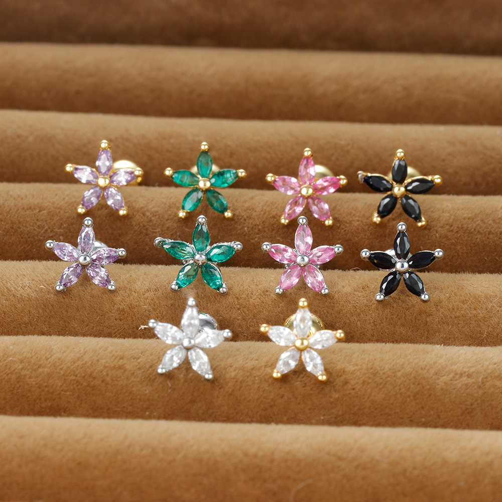 1 Piece Shiny Flower Plating Inlay Copper Zircon Ear Studs display picture 2