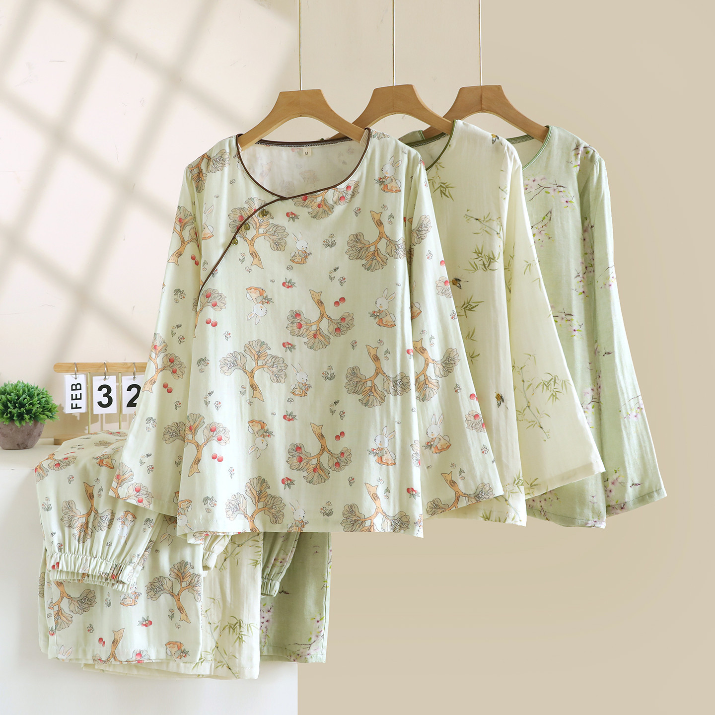 2026 Frühjahr/Sommer Neues Damen-Pyjama-Set 100% Baumwollgaze Chinesischer Stil Rundhals Dünne Ärmel Lange Hose Lose Hauskleidung – Detail 6