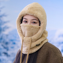 围脖口罩一体帽子女冬季加绒加厚套头帽护耳防风棉帽骑车保暖神器