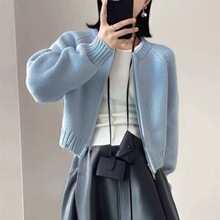 100%羊毛衫短款外套秋复古慵懒风小个子高级感圆领针织开衫毛衣女