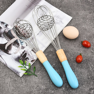 Factory direct 6-wire egg beater 12 inch internal rotation stainless steel ring PP with wooden handle handle cream foaming device