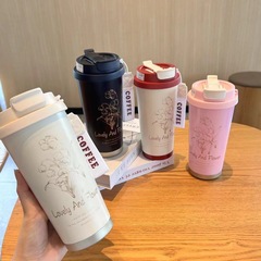 すずらんコーヒーカップ高颜値保温カップ女子ダブルドリンクストローカップ携帯車載随行カッププレゼントカップ