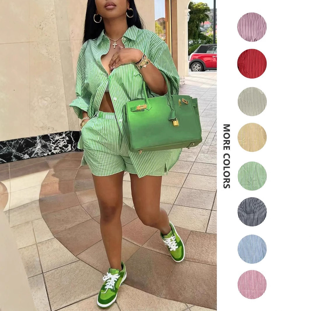 Европейская и американская женская весна-лето новые шорты с длинными рукавами рубашки в полоску набор из двух частей