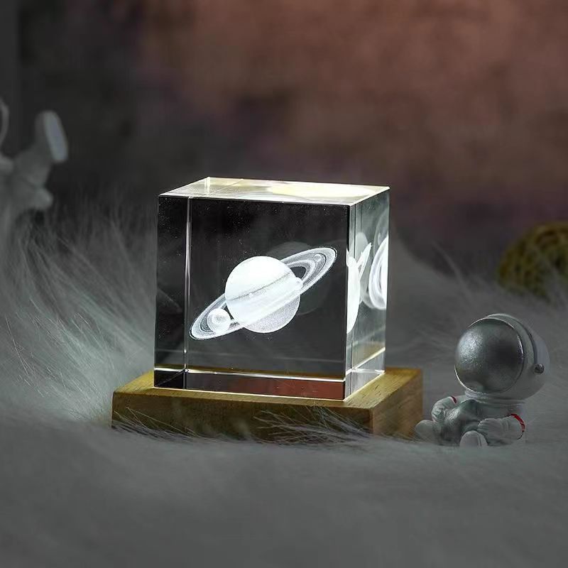 水晶球立方体摆件生日礼物银河星空方体小夜灯木质发光底座情人节 - 12