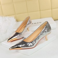237-29 style banquet fashionable women's shoes with a shallow metal toe and shimmering sequin fabric, snake pattern single shoe for women
