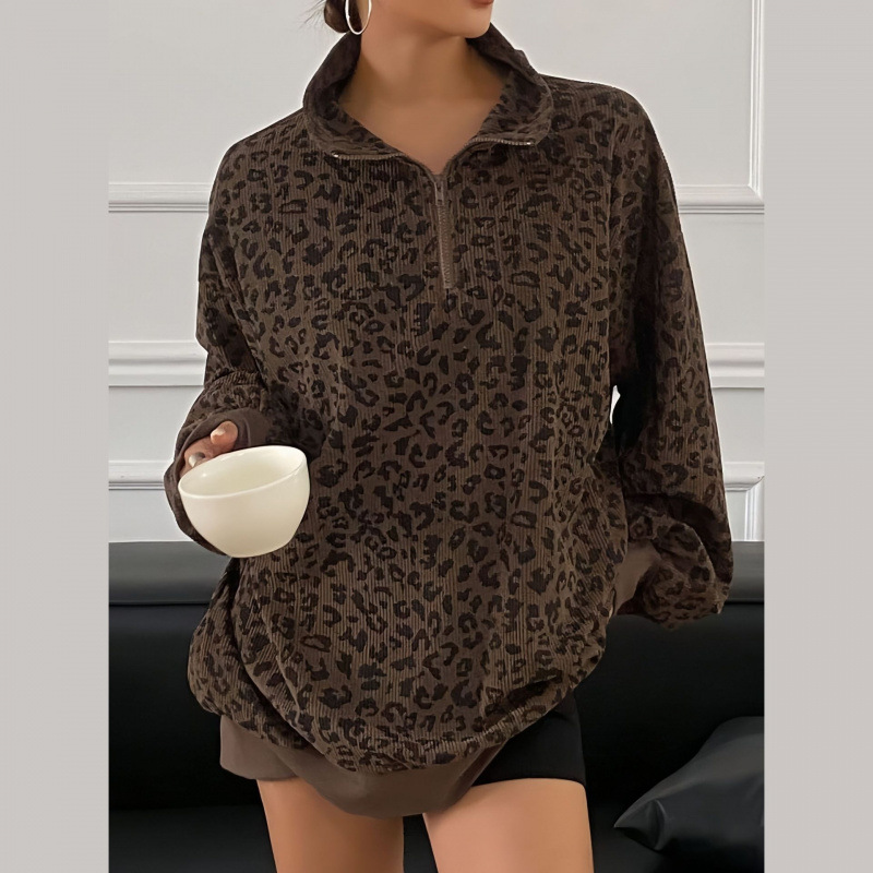Women's Leopard Print Sweatshirt Loose Mid-length Jacket_voghion.com