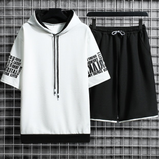 2021 Summer New Men's Hooded Short-sleeved Fashionable Clothes Men's Clothing Set of Casual Sports Short-sleeved Suit