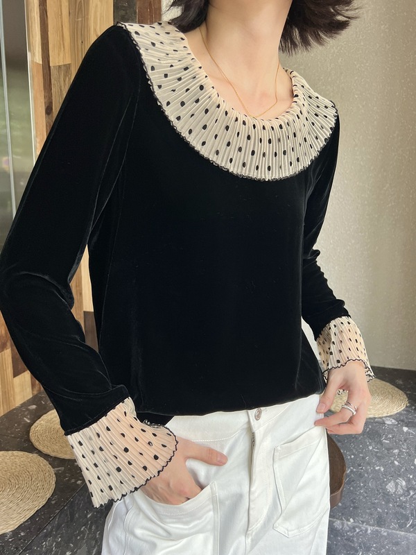 南油女装上新真丝绒拼接娃娃领上衣25秋款法式减龄小衫长袖不退换|undefined