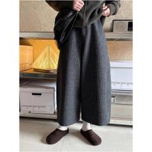 大码韩系复古毛呢格子阔腿裤2025春秋款高腰显瘦休闲弯刀裤九分裤
