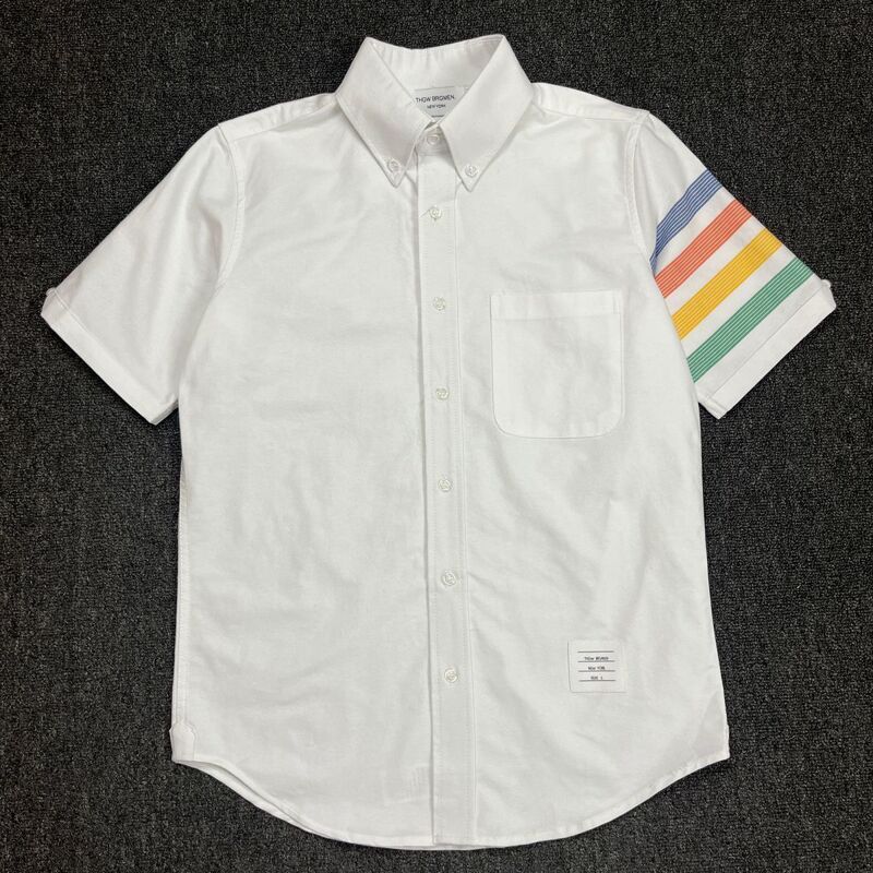 Summer Trendy Brand Tb Short-Sleeved White Shirt with Colorful Striped Sleeves, College Style, Fashionable and Versatile, Unisex Couple's Shirt Summer Trendy Brand Tb Short-Sleeved White Shirt with Colorful Striped Sleeves, College Style, Fashionable and Versatile, Unisex Couple's Shirt