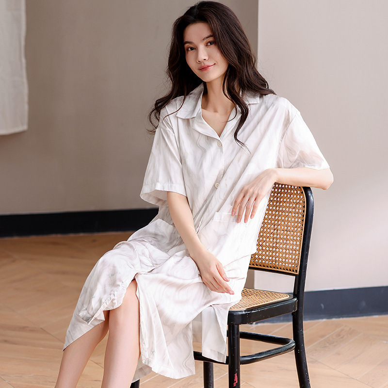 Summer New Three-Quarter Sleeve Nightgown for Women Embossed Ice and Snow Silk Cardigan Lapel Simple High-End Pajamas for Women Home Wear