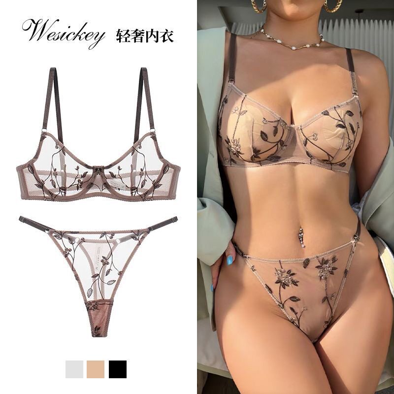 Women's European and American Style Sexy Ultra-Thin Lace Mesh Embroidered Bra with Underwire, Anti-Sagging, Transparent Lingerie, Date Gift