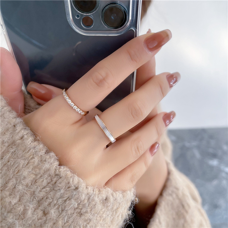 韩版新款时尚镶钻钛钢镀18K玫瑰金贝壳戒指女指环尾戒指饰品批发