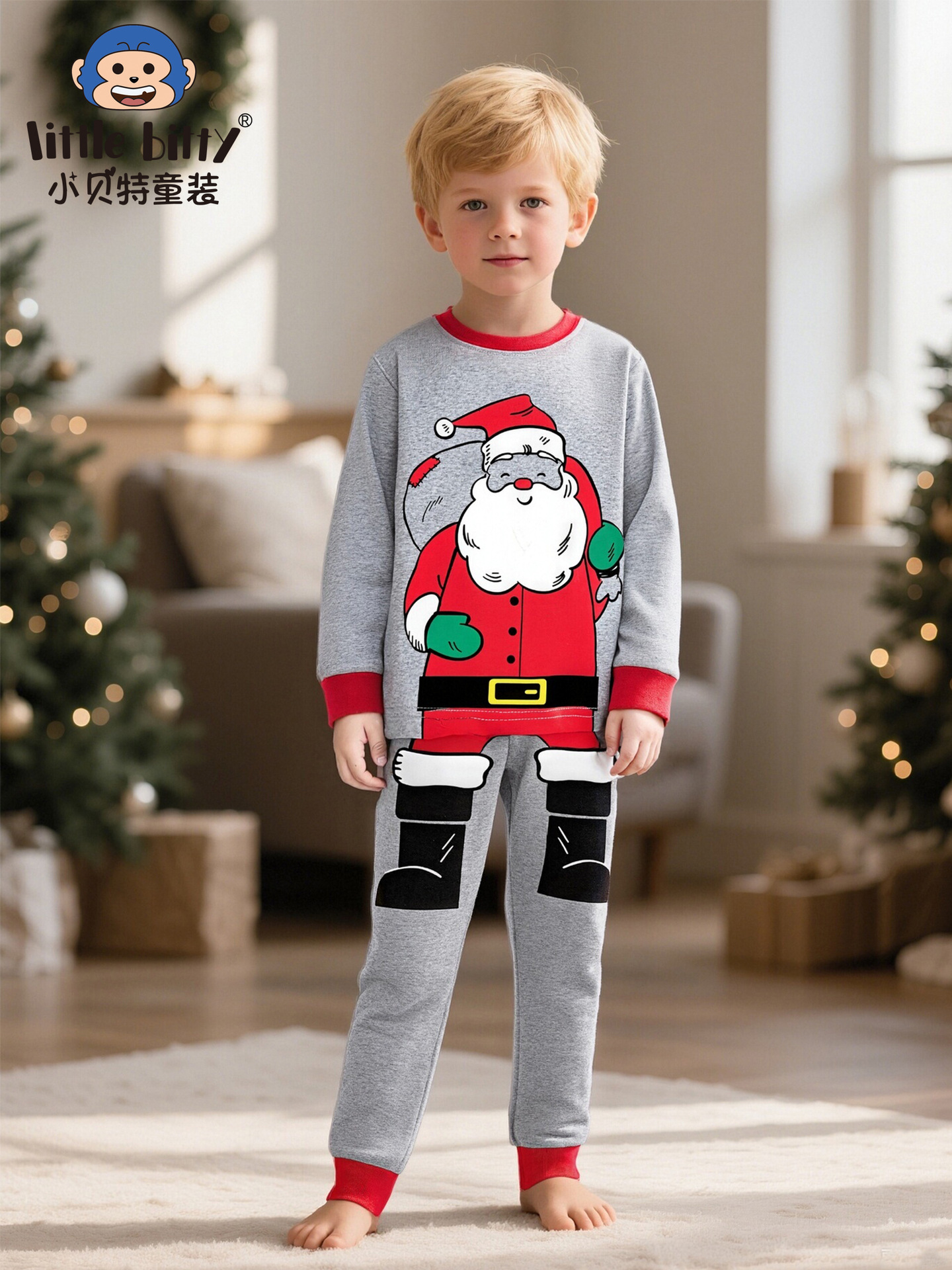 Cross-Border Autumn and Winter Children's Clothing Christmas Long-Sleeved Pants Suit Cartoon Santa Claus Printed Home Clothes Pajamas