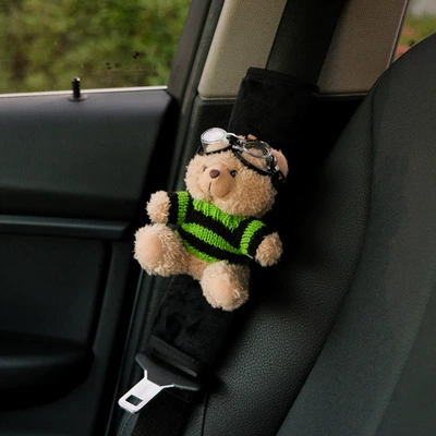 Seat belt shoulder pad – car seat belt shoulder pad - black-and-green-striped-sweater-bear-black-velvet-shoulder-pads