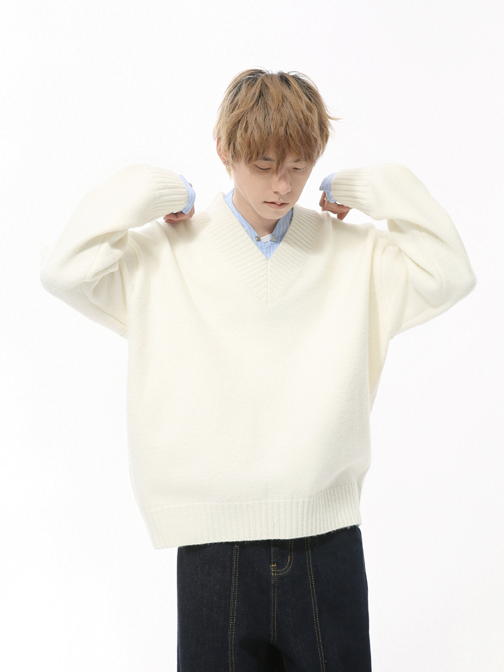 MTLCLOTHES Hombres| Nuevo otoño coreano V-collar falso dos piezas de camiseta de punto casual perezosa