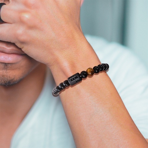Men's 12 Zodiac Bracelet, Retro and Versatile, Bright Black Beads, Elastic Rope, Unisex Beads, Manufacturer Wholesale, European and American Cross-border