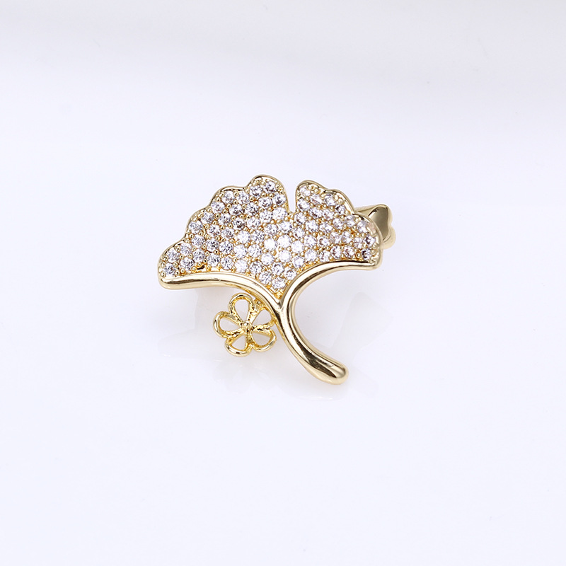 Copper plated gold brooch accessories Ginkgo biloba pearl brooch corsage empty holder Jade agate DIY accessories
