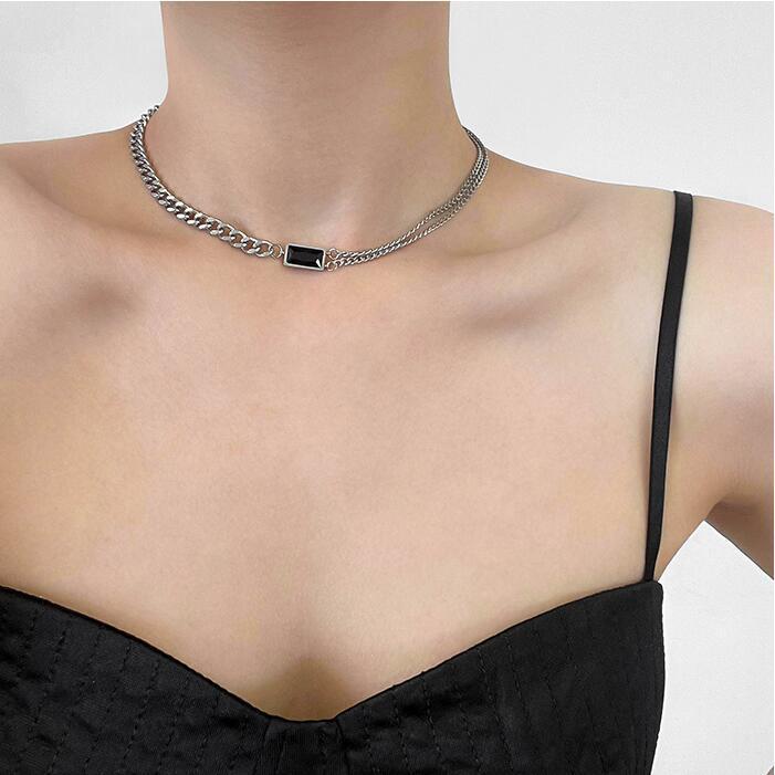 Vintage-Halskette mit schwarzem Edelstein im europäischen und amerikanischen Stil, quadratisch, für Damen, trendiger Sommer-Choker im Hip-Hop-Stil, minimalistisch_voghion.com