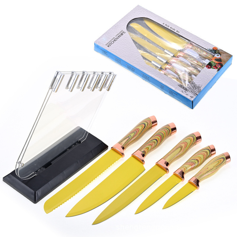 Fabricante mayorista de acero inoxidable con asiento de cuchillo de seis piezas conjunto de doble cabeza galvanizada mango de revestimiento multipropósito cuchillo de cocina juego de regalo