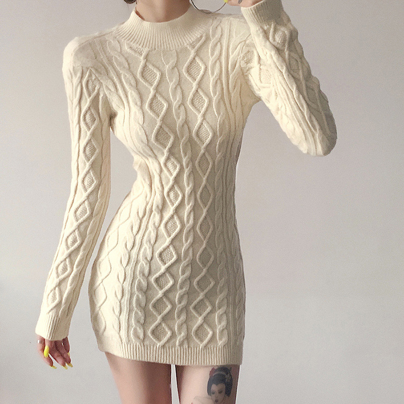 Solid Color Round Neck Long-Sleeved Slim Package Hip Knitted Sweater Dress NSSS94305