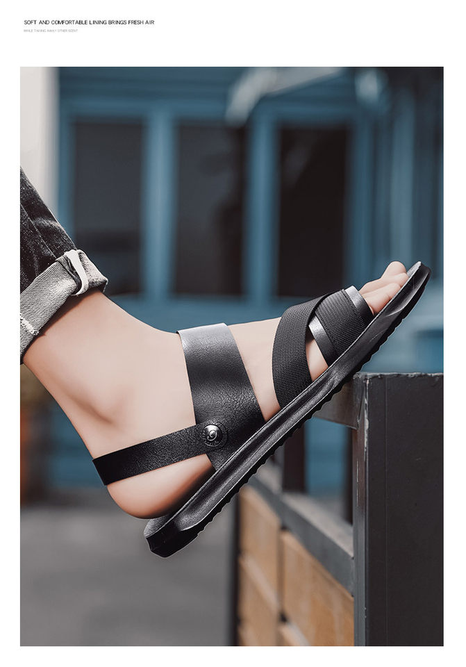 Dép sandal nam quai ngang hở ngón da PU chống trơn trượt, đế mềm thoáng khí đi biển mùa hè — Đen toàn bộ, Đen trắng chi tiết 11