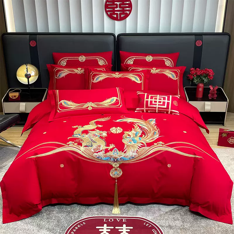 高端婚庆纯棉四件套龙凤绣花全棉长绒棉结婚喜庆床上用品床单被套