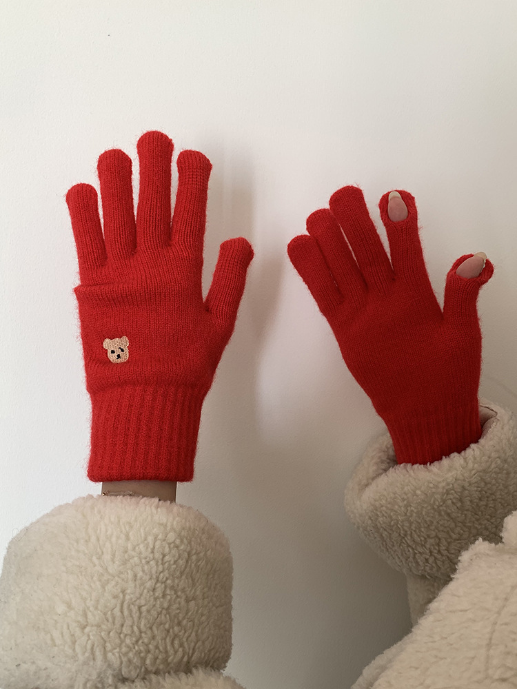 Estudiante a prueba de frío lana de punto a caballo cinco dedos Pantalla táctil de dibujos animados guantes calientes de invierno femenino engrosada linda pareja