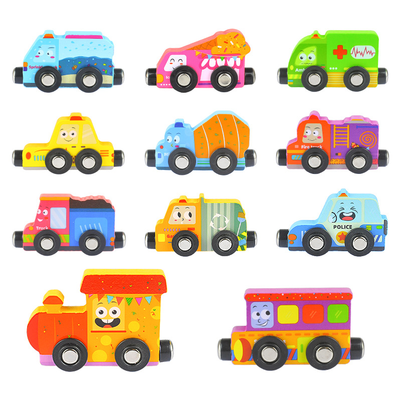 Modelo de tren magnético para niños de madera, coche inercial, señal de tráfico, caja de madera, coche de ingeniería, coche de juguete para niños