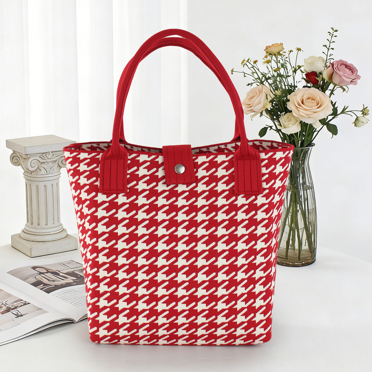 Bolso de tejido coreano de gran capacidad de transporte de moda de mil pájaros bolsos de mano casuales versátiles bolsos de bento image 12