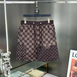 外贸跨境中转仓原标驴家棋盘格老花满LOGO沙滩裤网布 短裤男女
