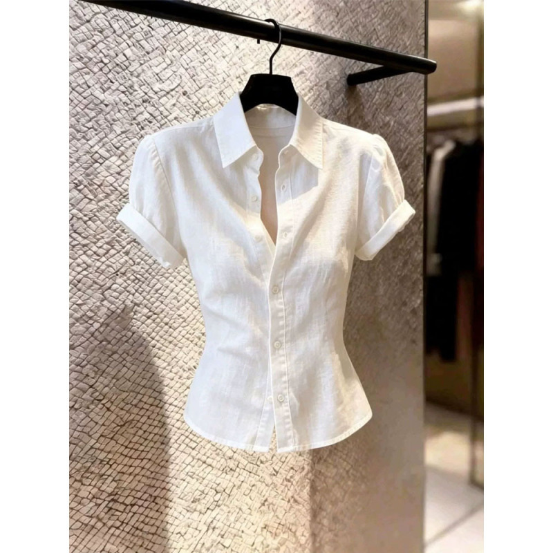 Light Luxury Style White Simple Button-Down Slim-Fit Lapel Short-Sleeve Top for Women, 2026 Summer New Slimming and Elegant Shirt Light Luxury Style White Simple Button-Down Slim-Fit Lapel Short-Sleeve Top for Women, 2026 Summer New Slimming and Elegant Shirt