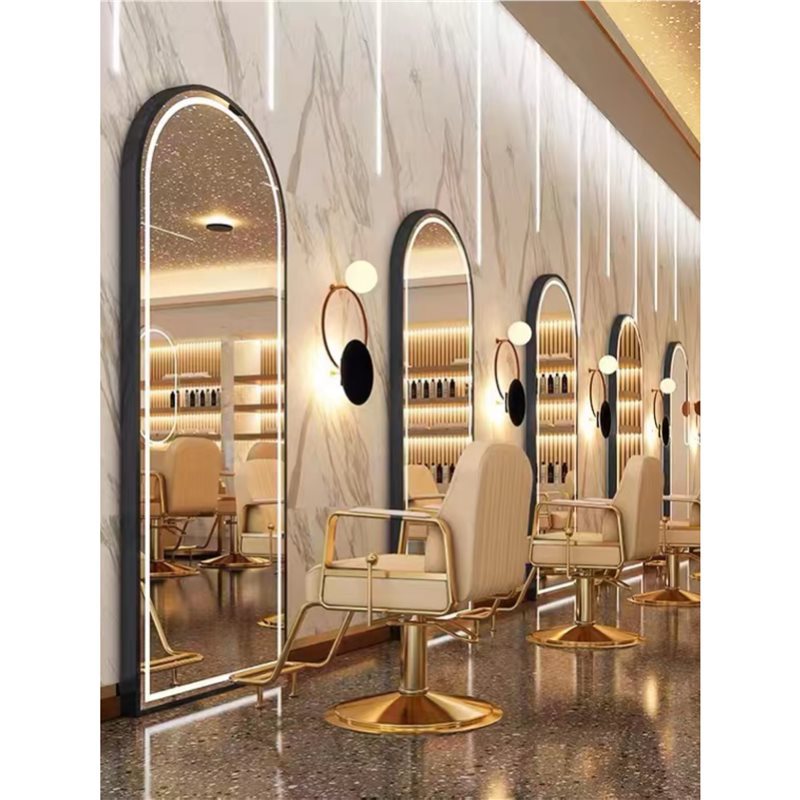 Barbería en línea tabla de espejo salón especial tipo pared simple barbería espejo de piso LED tabla de espejo de escaldado control táctil