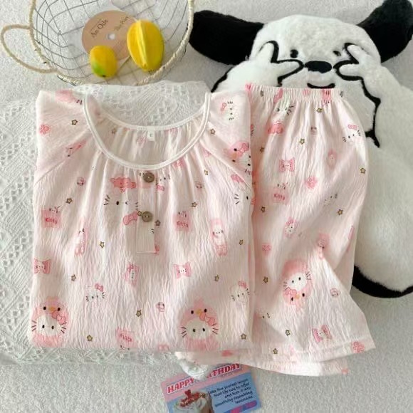 Venta al por mayor transfronteriza de nuevos pijamas de algodón de nube para mujer pantalones cortos de manga corta de verano con cuello redondo bordado dulce y simple servicio a domicilio