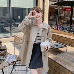 小个子韩版蕾丝撞色卡其色风衣外套女2025春秋新款单排扣休闲大衣