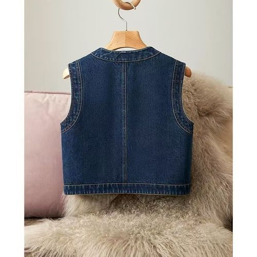 2025 Korean Summer Autumn Loose Retro Round Neck Denim Vest Backless Tank Top Outerwear Sleeveless Top Women Single Button Cross-border
