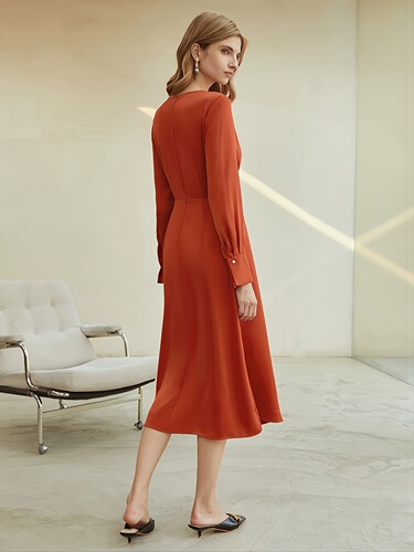 New European and American Style TEMU Solid-Color Long-Sleeved Fashionable Elegant Long Dress with Waist Cinching—Women’s All-Match Design