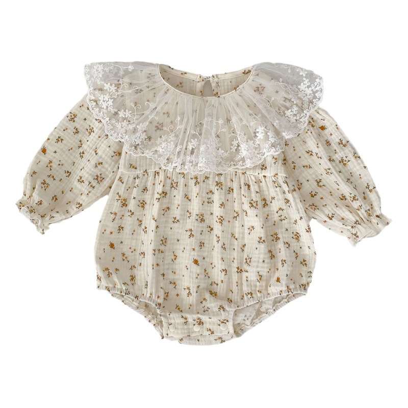 2024 bebé primavera y otoño ropa dulce floral de manga larga vaina de encaje solapa mameluco