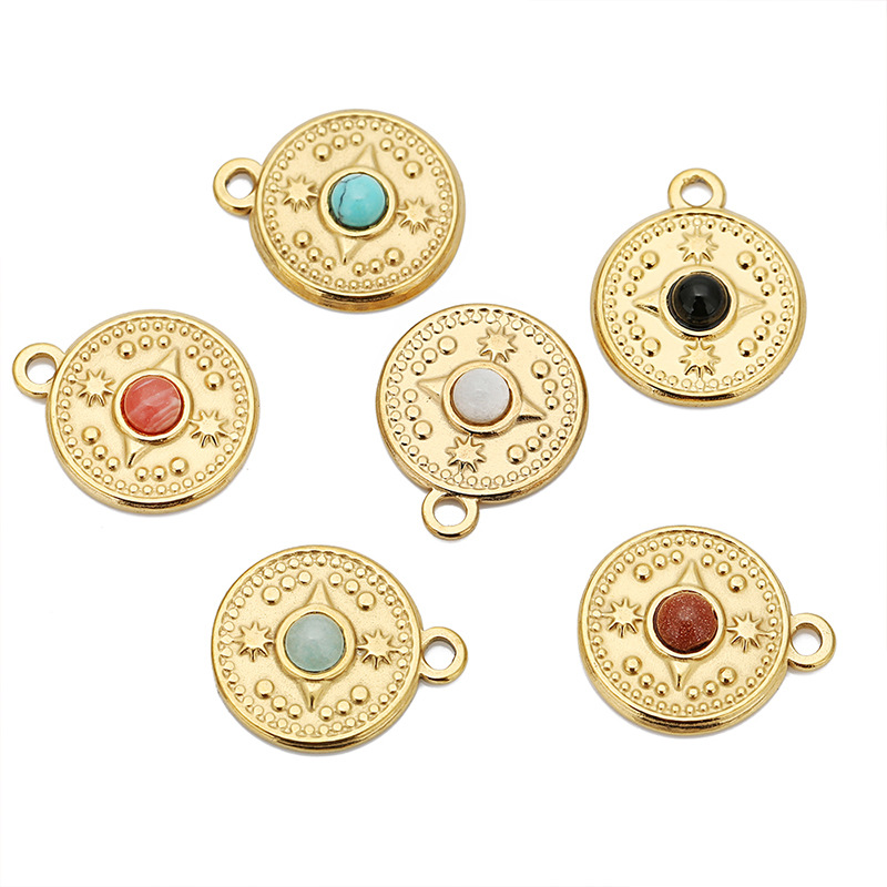16g Weight Pendant Jewelry Making Type 5 PCS/Package 18mm 304 Stainless Steel Natural Stone 18K Gold Plated Round Star Pendant