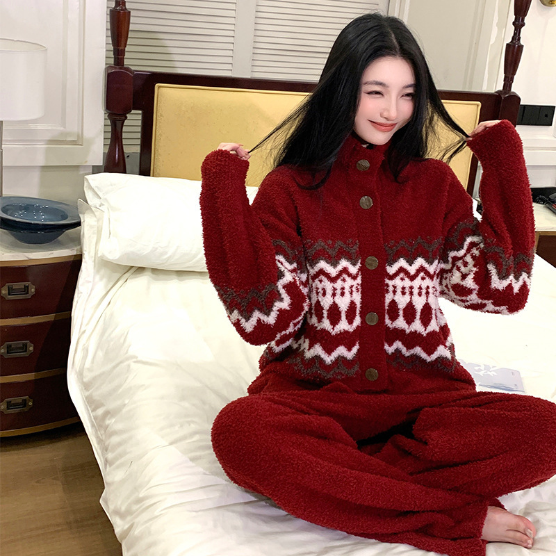 2025新款半边绒情侣睡衣女圣诞款费尔岛红色提花加厚保暖家居服男|undefined