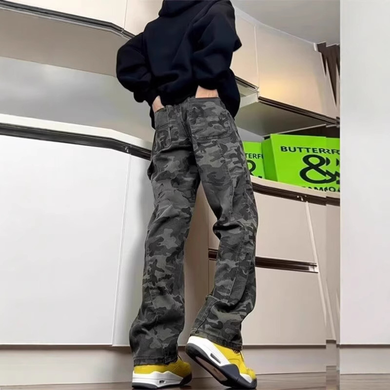 Military Green Camouflage Jeans for Men, Spring and Autumn Lumberjack Work Pants, American High Street Straight-Leg Casual Long Pants