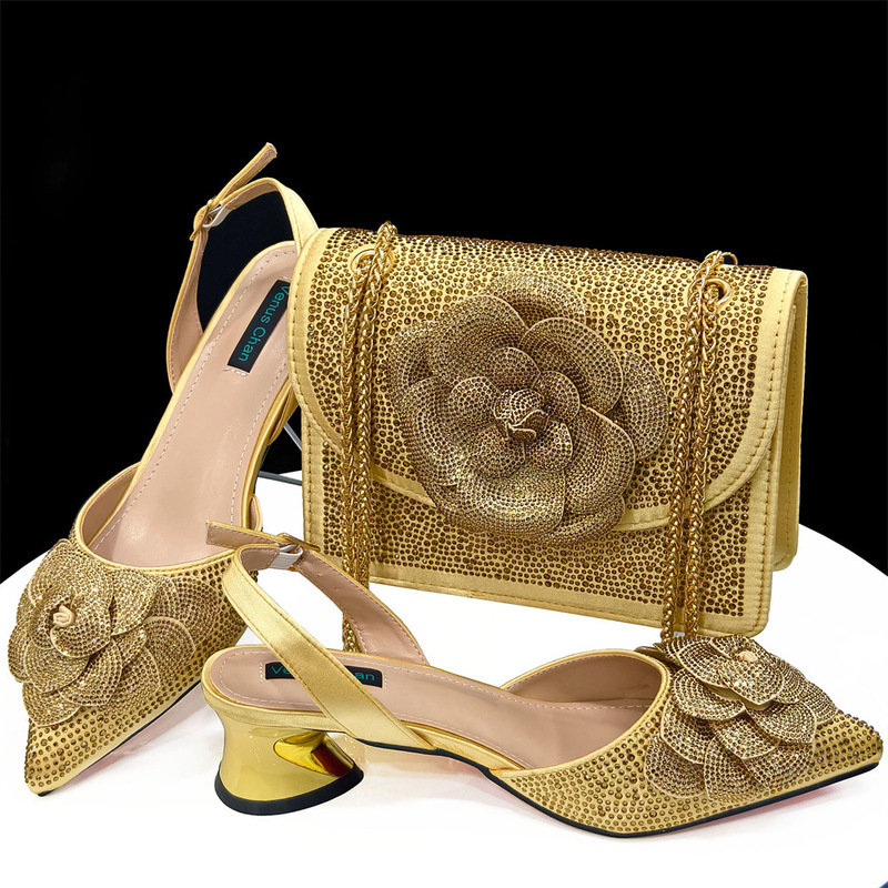 Pointed High Heels with Square Shoulder Bag Flower Decoration Women's Shoe Bag suit Set Gold shoes Pointed High Heels with Square Shoulder Bag Flower Decoration Women's Shoe Bag suit Set Gold shoes