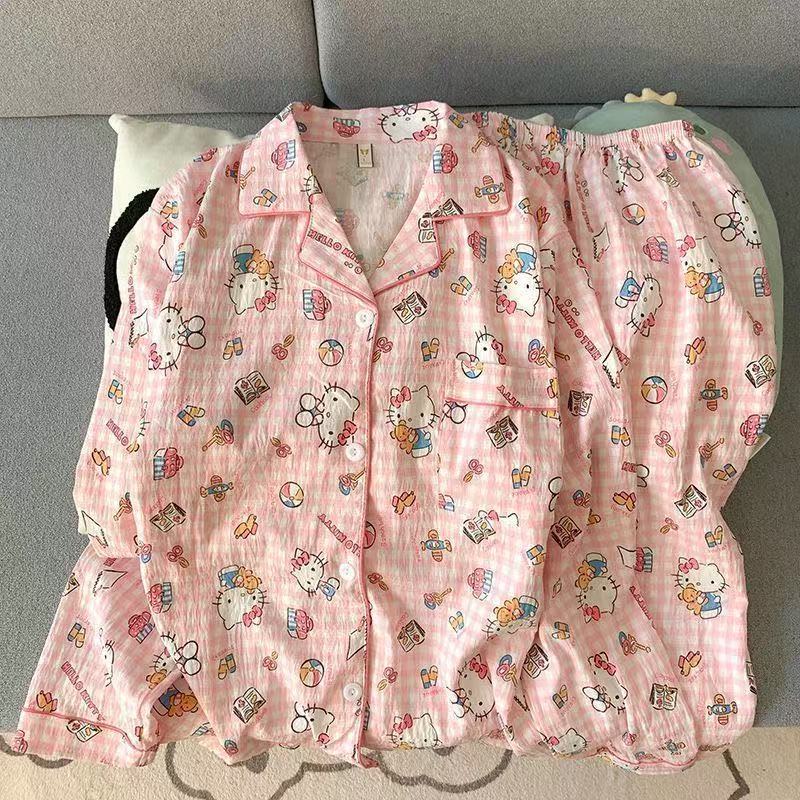 Al por mayor transfronterizo cien pijamas de verano mujeres 2025 nuevas nubes de algodón pantalones de manga larga dibujos animados lindos ropa para el hogar