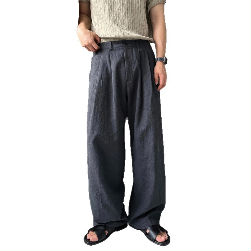 Mezcla de lino ligera delgada doble cintura semielástica pantalones recto hombre fábrica transfronteriza lino transfronteriza mayorista